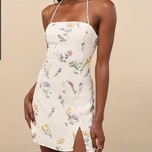 Lulus | "Catch the Bouquet" Cream Floral Halter Lace-Up Mini Dress NWT Size S